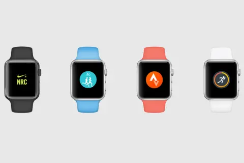 Quatre Apple Watch avec des bracelets de couleurs différentes affichent des icônes d'applications de running.
