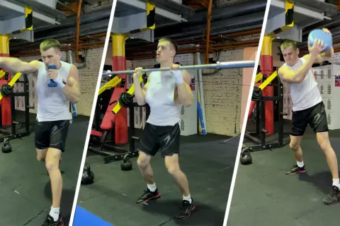 Man training to increase punch strength with dumbbells, barbell, and medicine ball in a gym.