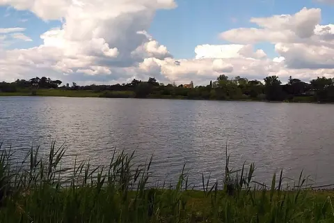 Vista dalla terrazza sul lago Monterosi, con canneto in primo piano e cielo nuvoloso.