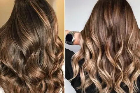 Cabello castaño con mechas difuminadas que crean un efecto de luz y profundidad, con ondas suaves y naturales.