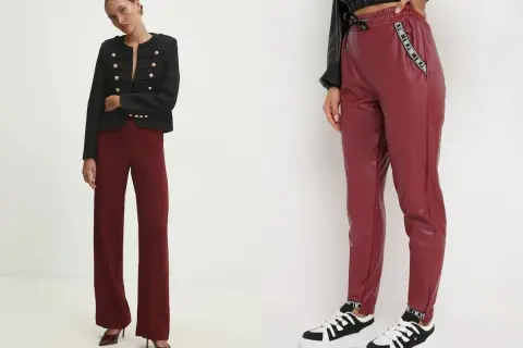 Dwie stylizacje z bordowymi spodniami: eleganckie z marynarką i sportowe z sneakersami.