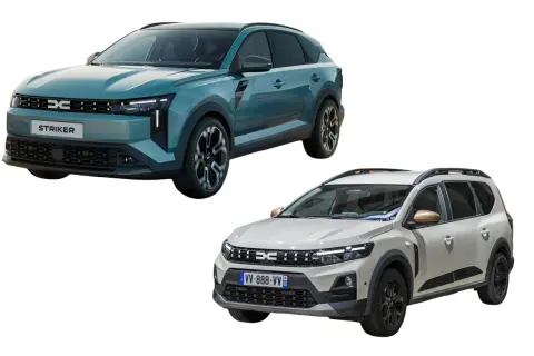 Dwa nowe modele Dacii: zielony z napisem "STRIKER" i jasnoszary z tablicą "VV-888-VV". Wiele osób szuka dacia jogger opinie, te auta mogą je zainteresować.