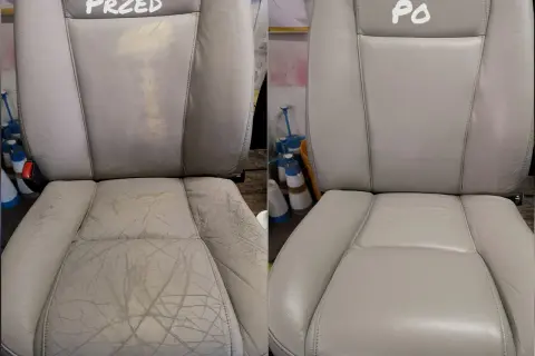 Skórzany fotel samochodowy przed i po renowacji. Widoczna znacząca zmiana koloru skóry i odnowienie powierzchni.