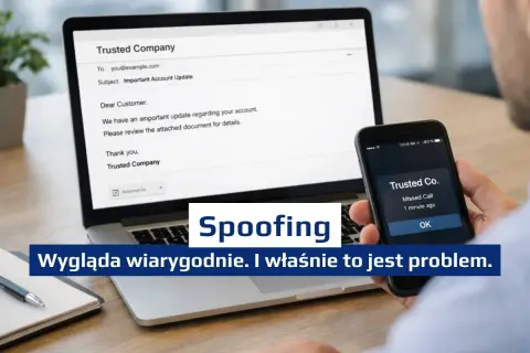 Oszustwo spoofingowe: fałszywy e-mail i powiadomienie o nieodebranym połączeniu wyglądają wiarygodnie, co jest problemem.