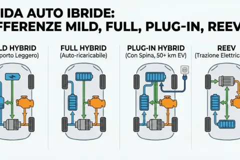 Schema che illustra le differenze tra auto ibride: Mild, Full Hybrid (auto-ricaricabile), Plug-in Hybrid e REEV.
