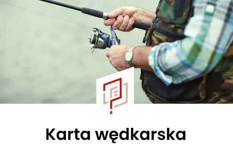 Wędkarz trzymający wędkę i kołowrotek, z logo i napisem "Karta wędkarska".