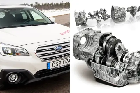 Vit Subaru Outback med en genomskuren automatlåda. Kanske ett Subaru Outback problem med transmissionen?