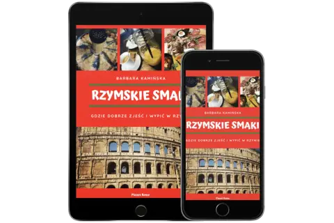 Rzymskie Smaki" - przewodnik po tym, gdzie dobrze zjeść i wypić w Rzymie, z Koloseum w tle.