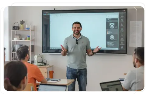 Profesor de tecnología explicando en clase, preparándose para las oposiciones.