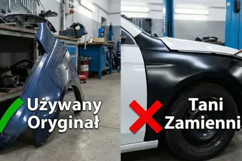 Porównanie: używany oryginalny błotnik (zielony ptaszek) vs tani zamiennik (czerwony krzyżyk). Jak odróżnić zderzak oryginalny używany od nowego zamiennika.