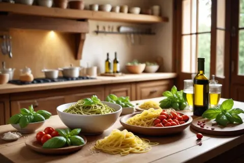 En härlig dukning med pasta pesto, färska tomater och basilika. En flaska olivolja och glas med vin till pastan.