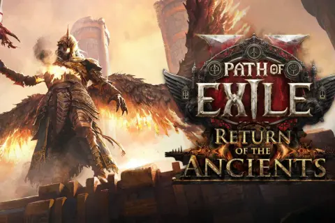 Postać w zbroi z płonącymi skrzydłami trzyma włócznię, obok logo Path of Exile: Return of the Ancients.