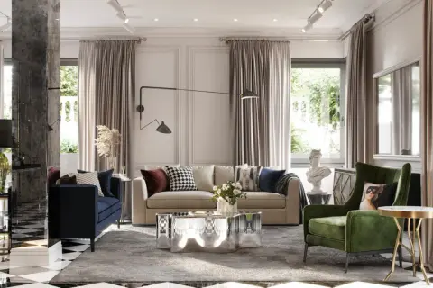 Elegancki salon w stylu nowojorskim, modern classic. Granatowa sofa, zielony fotel, lustrzany stolik kawowy i szachownica na podłodze.