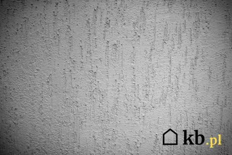 Szara ściana z fakturą tynku kornik, imitującą ślady po żerowaniu owadów.