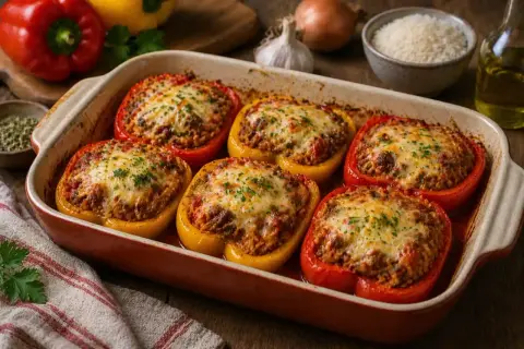 Six poivrons au four, garnis de viande et de riz, recouverts de fromage fondu et de persil.