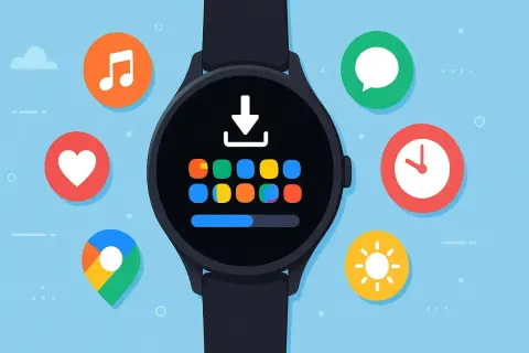 Montre connectée affichant des icônes d'applications, avec un guide visuel pour savoir comment connecter ma montre à mon téléphone.