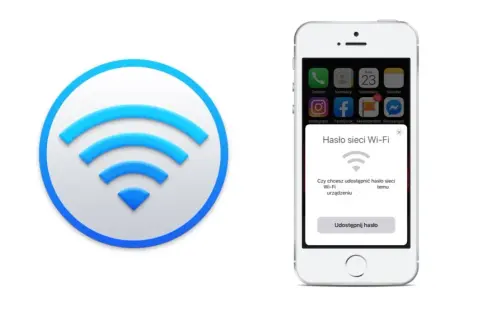 Ikona Wi-Fi i iPhone z komunikatem "Hasło sieci Wi-Fi". Dowiedz się, jak wpisać hasło do Wi-Fi w telefonie.