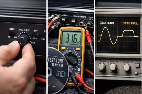 Ustawianie wzmocnienia i filtra subsonicznego w samochodowym wzmacniaczu. Multimetr pokazuje 316V, a oscyloskop porównuje czysty i zniekształcony sygnał.