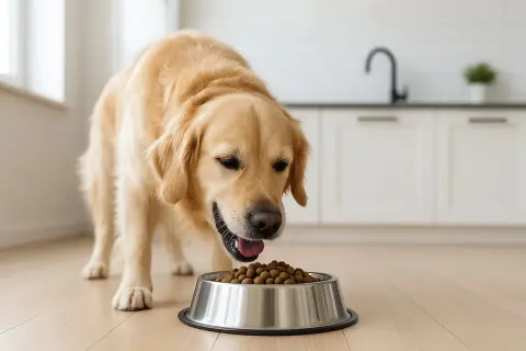 En golden retriever äter ur en matskål. Det är viktigt att veta vilka tider ska hunden ha mat för en balanserad kost.