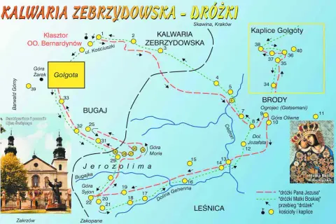 Mapa Kalwaria Zebrzydowska - dróżki. Pokazuje przebieg dróżek Pana Jezusa i Matki Boskiej, kościoły i kaplice.