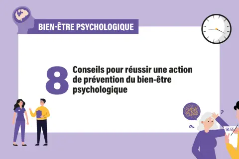 8 conseils pour améliorer le bien-être psychologique. Illustration de personnes discutant et d'un cerveau avec un puzzle.