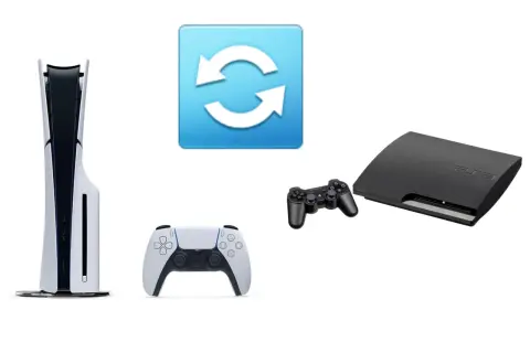 Konsola PS5, kontroler DualSense, kontroler PS3 i ikona synchronizacji. Czy gry z PS3 działają na PS5?