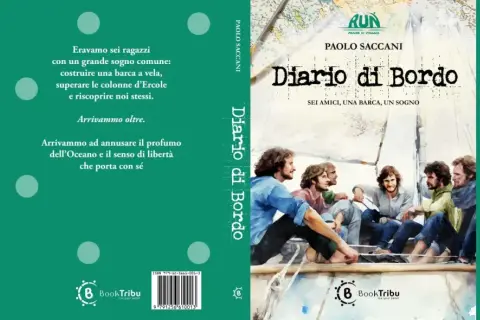 Copertina del libro "Diario di bordo" di Paolo Saccani, con un'illustrazione di sei giovani su una barca a vela.