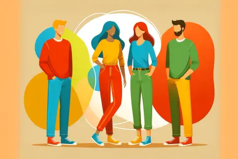 Ilustracja czterech osób o różnych kolorach włosów i ubraniach, stojących na tle kolorowych kół.
