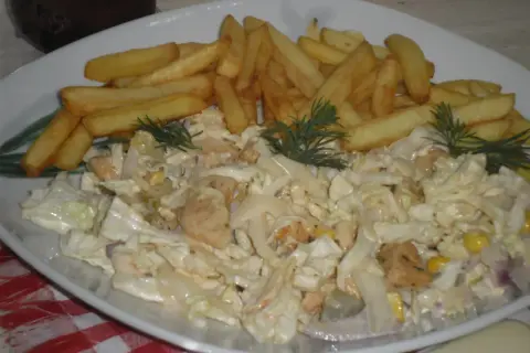 Pyszny kebab z frytkami i surówką, idealny na szybki obiad. Sprawdź, ile ma kebab z frytkami kcal!