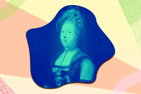 Porträtt av drottning Desideria i blå och grön ton, med en mjuk, abstrakt bakgrund i pastellfärger.