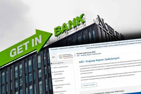 Budynek banku z napisem "BANK" i zielona strzałka "GET IN" symbolizują aferę Getin Bank. Na ekranie widoczny Krajowy Rejestr Zadłużonych.