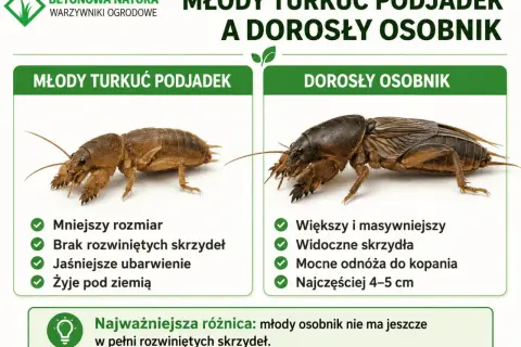 Młody turkuć podjadek, mniejszy i bez skrzydeł, kontrastuje z dorosłym osobnikiem. Larwa turkucia podjadka jest jaśniejsza i żyje pod ziemią.