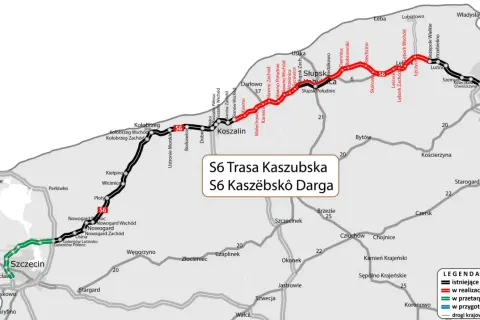 Mapa pokazuje przebieg S6 Trasa Kaszubska, zaznaczone odcinki istniejące, w realizacji i planowane.