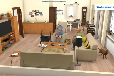 Gemütliches Wohnzimmer (Demenz) mit zwei Frauen, die stricken, einem Hund und einem Rollator.