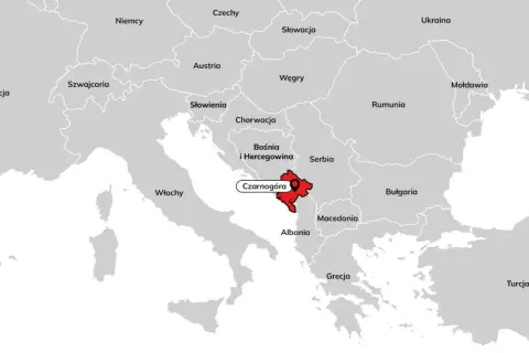 Mapa Europy z zaznaczoną Czarnogórą. Gdzie jest Czarnogóra? Położona na Bałkanach, między Bośnią i Hercegowiną a Albanią.