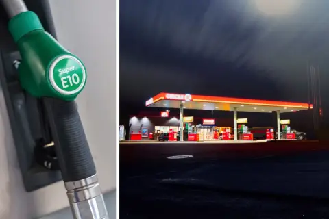 Grön bensinpump med texten Super E10. I bakgrunden en Circle K-mack nattetid.