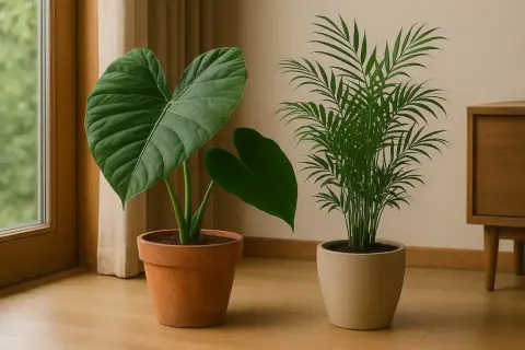 Due piante tropicali da interno: una con grandi foglie a cuore, l'altra con fogliame simile a una palma.