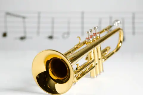Glänzende Trompete auf Noten. Was ist eine Trompete? Ein Blasinstrument, das Musik macht.