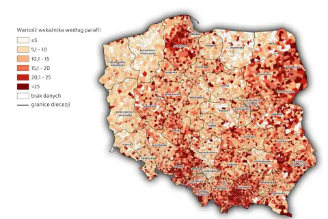 Mapa Polski z zaznaczonymi diecezjami i parafiami, pokazująca rozkład wskaźnika, który może odpowiadać na pytanie, ile jest katolików w Polsce. Ciemniejsze kolory oznaczają wyższe wartości.