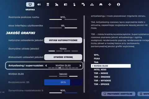 Ustawienia grafiki gry: Antyaliasing i superrozdzielczość. Wybrano NVIDIA DLSS, technologię poprawiającą jakość obrazu.