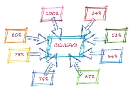 Diagramma a raggiera con "BENEFICI" al centro e percentuali (es. 100%) che indicano vantaggi, come per l'assicurazione auto per invalidi 100%.