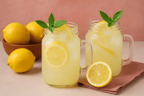 Deux verres de citronnade maison rafraîchissante, garnis de menthe et de rondelles de citron, avec des citrons frais à proximité.
