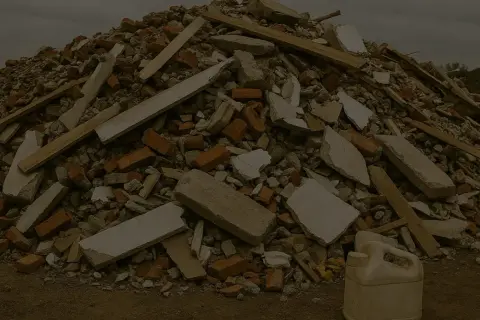 Góra gruzu budowlanego, cegieł i desek. Plastikowy kanister na pierwszym planie. To przypomina, dlaczego serwisy oponiarskie doliczają opłatę za utylizację ciężarków ołowianych.