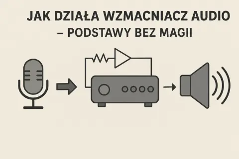 Schemat pokazuje, jak mikrofon przekazuje sygnał do wzmacniacza, który zwiększa jego moc RMS, a następnie do głośnika.