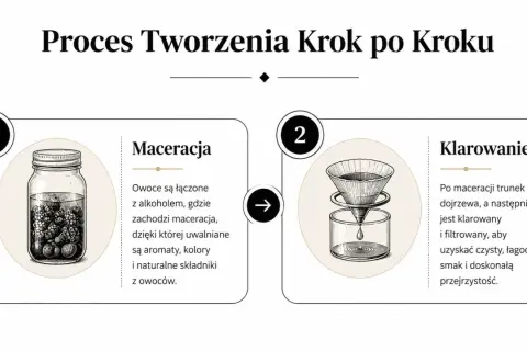 Proces tworzenia nalewek na spirytusie: maceracja owoców w alkoholu i klarowanie trunku.