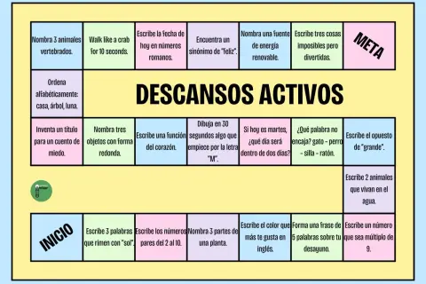 Tablero de juego para **descansos activos** en el aula, con casillas que proponen retos como nombrar animales, escribir rimas o dibujar.