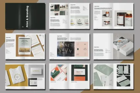 A visual guide on how to make a portfolio in InDesign, showcasing various branding and design projects.