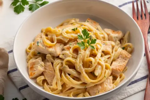 Pyszne fettuccine z kurczakiem w kremowym, oryginalnym sosie alfredo, udekorowane natką pietruszki.