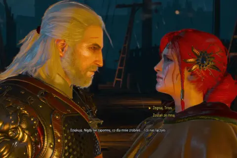 Geralt i Triss w Wiedzmin 3. Czy to teraz albo nigdy? Ich spojrzenia mówią wszystko.