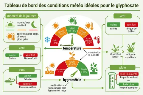 Tableau météo pour savoir quand mettre du désherbant glyphosate : idéalement par temps calme, chaud mais pas trop, et sec. Éviter le vent fort et la pluie.